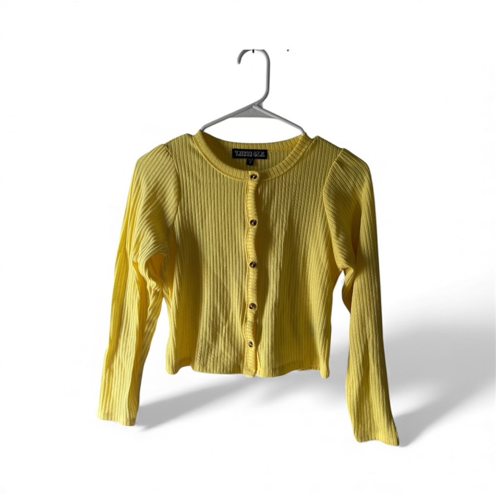 Girls Yellow Ribbed Button-Up Cardigan